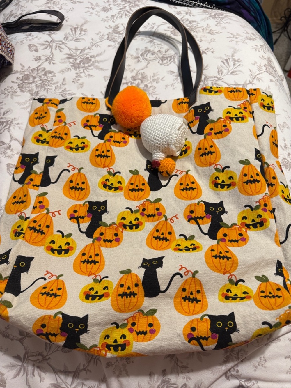 Halloween Pumpkin & Black Cat Tote Bag with Pom Charm